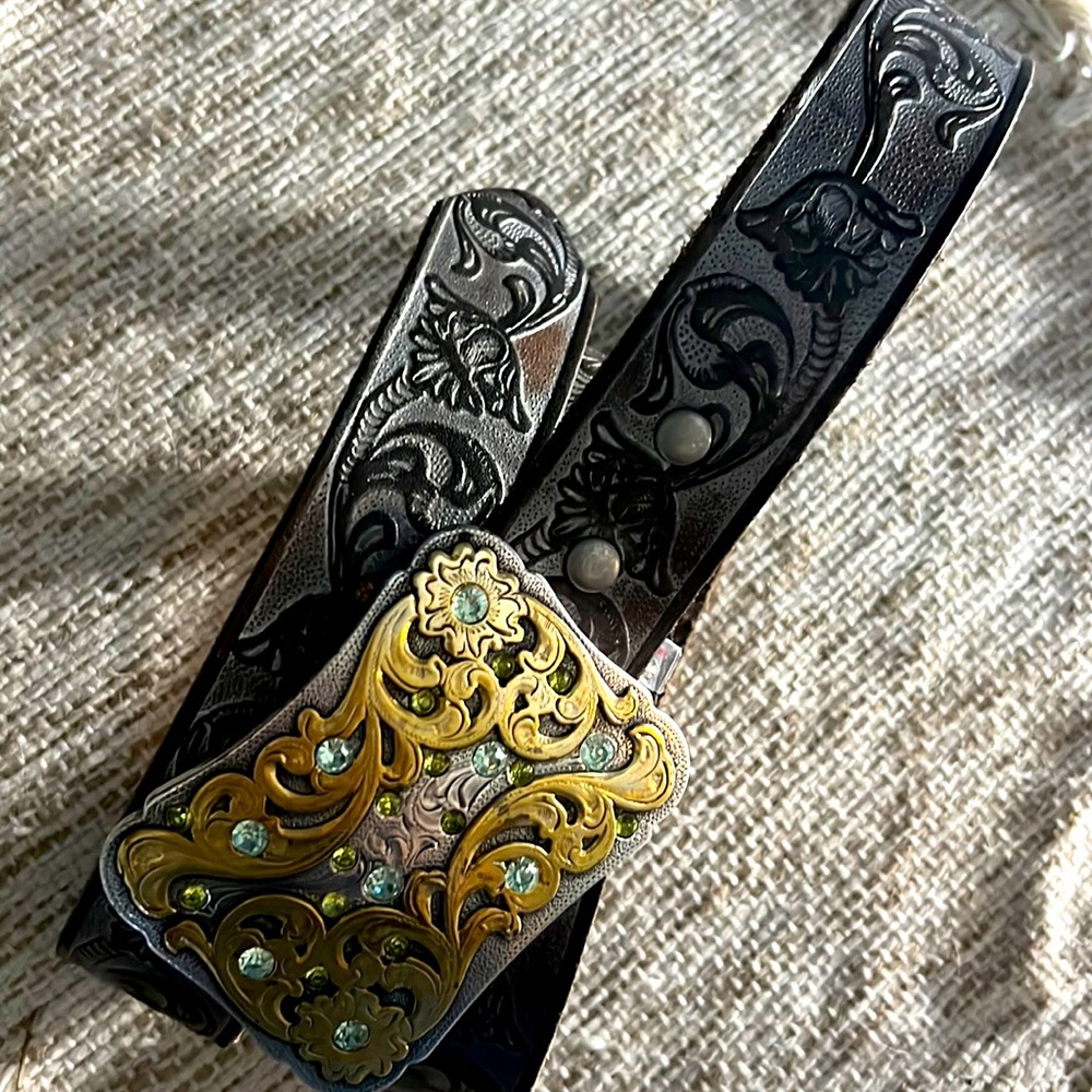 Genuine Leather belt silver buckle with rhinestones